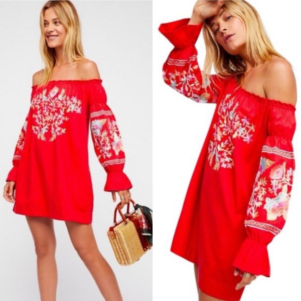 Free People Women's Red Fleur Du Jour Embroidered Mini Shift Dress Size Medium‎